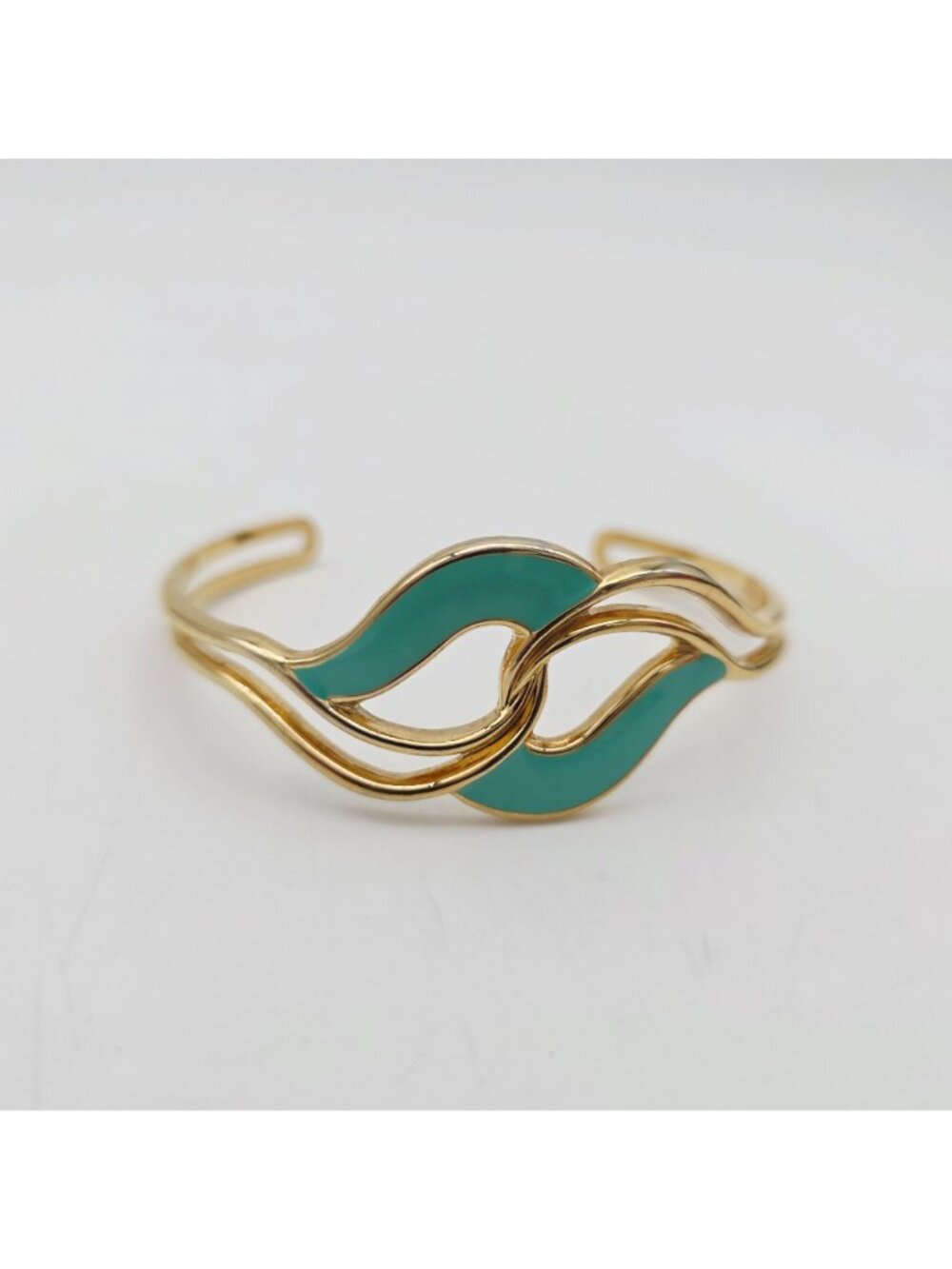 Gold-Tone Open Cuff Bracelet With Mint Green Enamel Wave Design - Picture 6 of 6